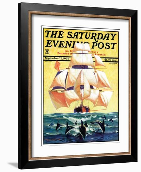 "Dolphins and Ship," Saturday Evening Post Cover, September 29, 1934-Gordon Grant-Framed Giclee Print