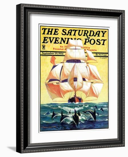 "Dolphins and Ship," Saturday Evening Post Cover, September 29, 1934-Gordon Grant-Framed Giclee Print