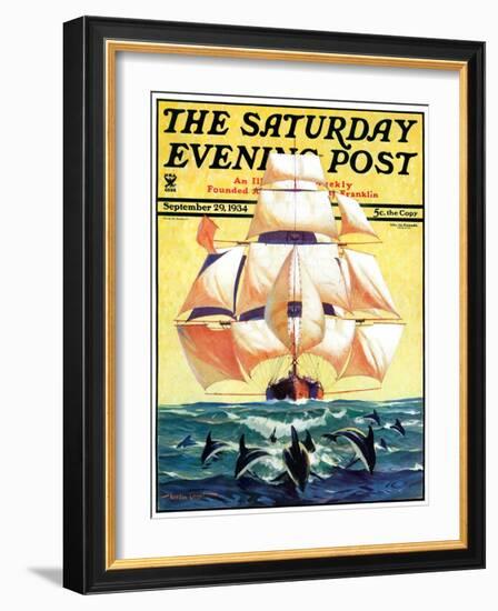 "Dolphins and Ship," Saturday Evening Post Cover, September 29, 1934-Gordon Grant-Framed Giclee Print