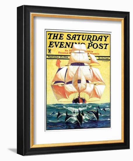 "Dolphins and Ship," Saturday Evening Post Cover, September 29, 1934-Gordon Grant-Framed Giclee Print