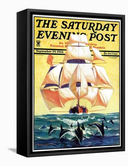 "Dolphins and Ship," Saturday Evening Post Cover, September 29, 1934-Gordon Grant-Framed Premier Image Canvas