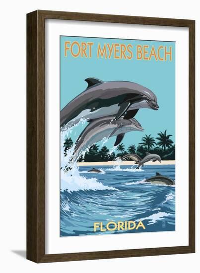 Dolphins Jumping - Fort Myers Beach, Florida-Lantern Press-Framed Premium Giclee Print