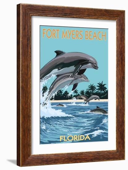 Dolphins Jumping - Fort Myers Beach, Florida-Lantern Press-Framed Premium Giclee Print