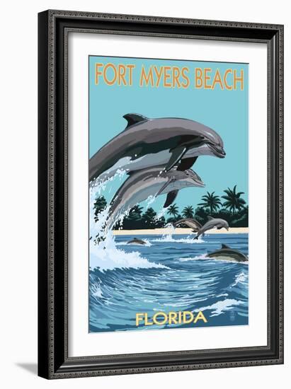 Dolphins Jumping - Fort Myers Beach, Florida-Lantern Press-Framed Premium Giclee Print