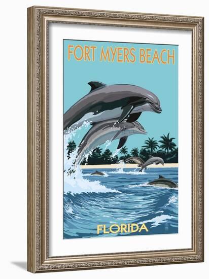 Dolphins Jumping - Fort Myers Beach, Florida-Lantern Press-Framed Art Print