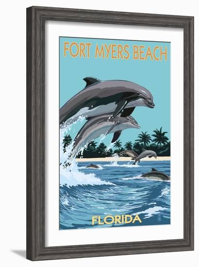 Dolphins Jumping - Fort Myers Beach, Florida-Lantern Press-Framed Art Print