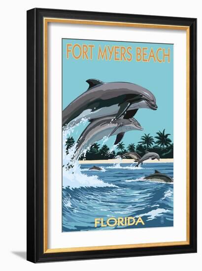 Dolphins Jumping - Fort Myers Beach, Florida-Lantern Press-Framed Art Print