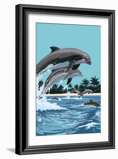 Dolphins Jumping-Lantern Press-Framed Art Print