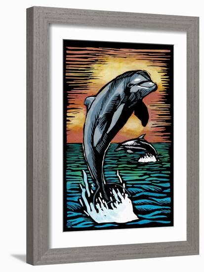 Dolphins - Scratchboard-Lantern Press-Framed Premium Giclee Print