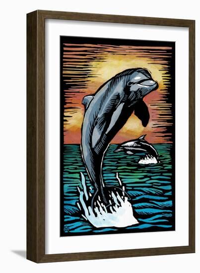 Dolphins - Scratchboard-Lantern Press-Framed Premium Giclee Print