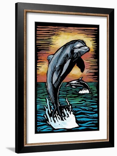 Dolphins - Scratchboard-Lantern Press-Framed Premium Giclee Print