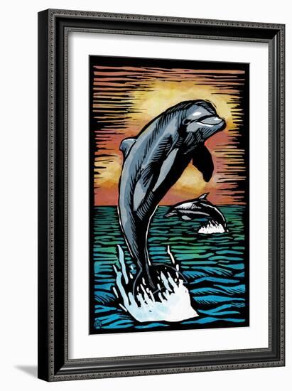 Dolphins - Scratchboard-Lantern Press-Framed Premium Giclee Print