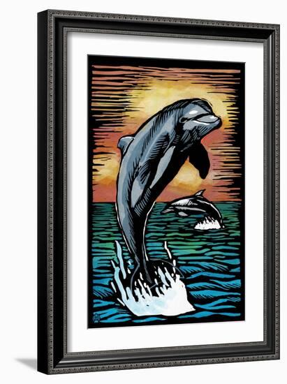 Dolphins - Scratchboard-Lantern Press-Framed Art Print