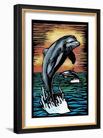 Dolphins - Scratchboard-Lantern Press-Framed Art Print