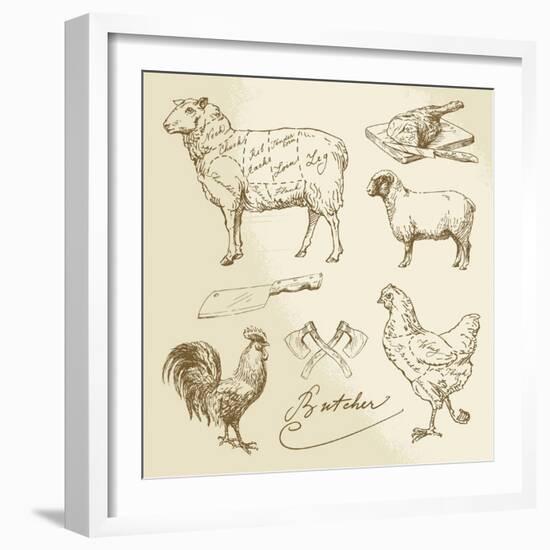 Domestic Animal Meat Diagrams - Hand Drawn Collection-canicula-Framed Art Print