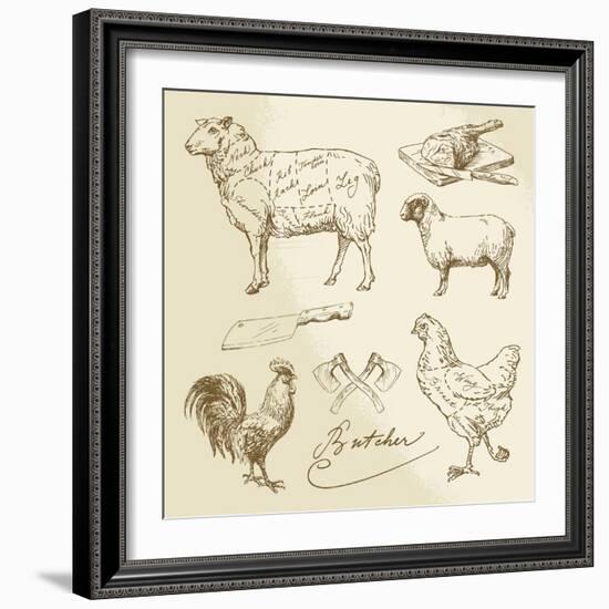 Domestic Animal Meat Diagrams - Hand Drawn Collection-canicula-Framed Art Print