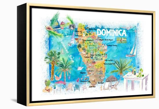 Dominica Antilles Illustrated Travel Map with Roads and Highlights-M. Bleichner-Framed Stretched Canvas
