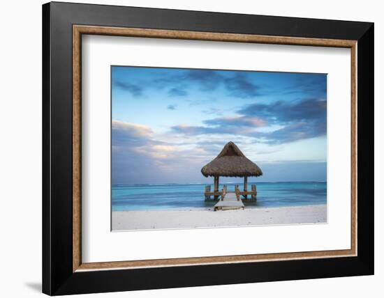 Dominican Republic, Punta Cana, Playa Blanca, Wooden Pier with Thatched Hut-Jane Sweeney-Framed Photographic Print