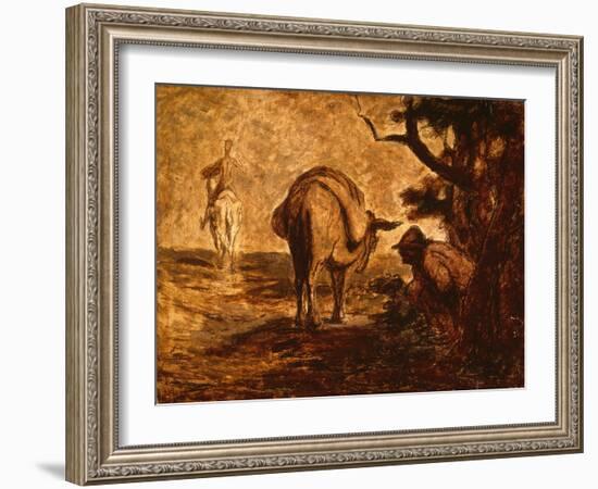 Don Quixote and Sancho Panza Relieving Himself, C. 1855 (Oil on Panel)-Honore Daumier-Framed Giclee Print