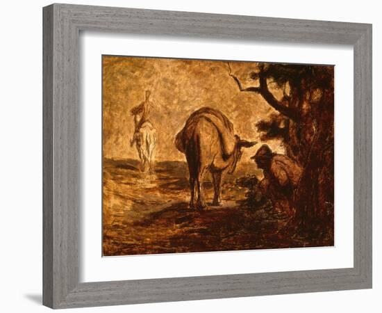 Don Quixote and Sancho Panza Relieving Himself, C. 1855 (Oil on Panel)-Honore Daumier-Framed Giclee Print