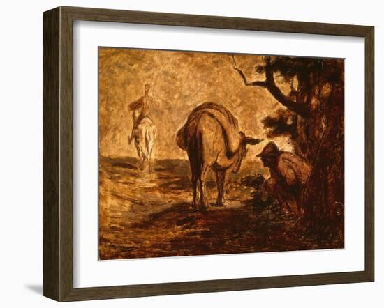 Don Quixote and Sancho Panza Relieving Himself, C. 1855 (Oil on Panel)-Honore Daumier-Framed Giclee Print