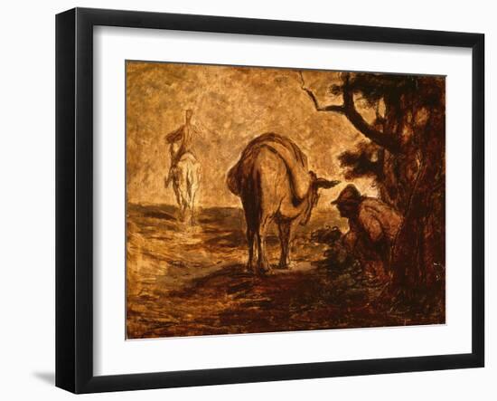 Don Quixote and Sancho Panza Relieving Himself, C. 1855 (Oil on Panel)-Honore Daumier-Framed Giclee Print