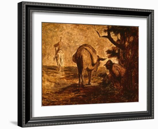 Don Quixote and Sancho Panza Relieving Himself, C. 1855 (Oil on Panel)-Honore Daumier-Framed Giclee Print