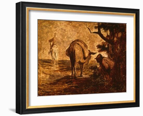 Don Quixote and Sancho Panza Relieving Himself, C. 1855 (Oil on Panel)-Honore Daumier-Framed Giclee Print