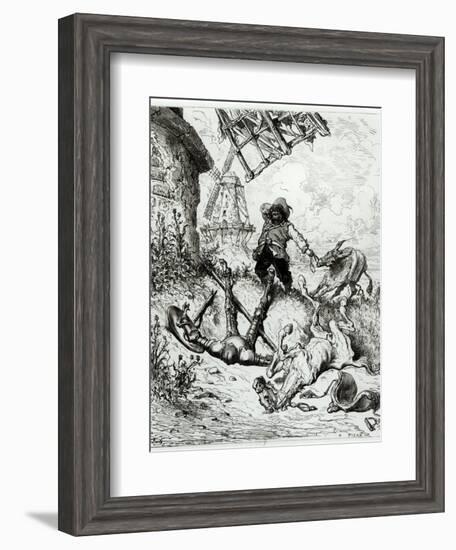 Don Quixote and the Windmills, from Don Quixote de La Mancha by Miguel Cervantes-Gustave Doré-Framed Giclee Print