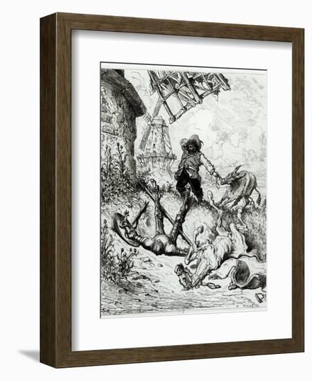 Don Quixote and the Windmills, from Don Quixote de La Mancha by Miguel Cervantes-Gustave Doré-Framed Giclee Print