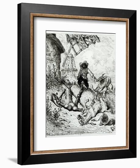 Don Quixote and the Windmills, from Don Quixote de La Mancha by Miguel Cervantes-Gustave Doré-Framed Giclee Print