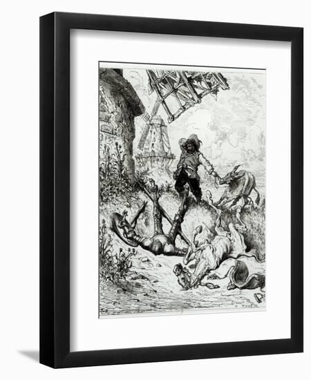 Don Quixote and the Windmills, from Don Quixote de La Mancha by Miguel Cervantes-Gustave Doré-Framed Giclee Print