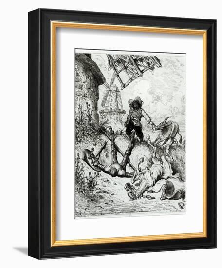 Don Quixote and the Windmills, from Don Quixote de La Mancha by Miguel Cervantes-Gustave Doré-Framed Giclee Print