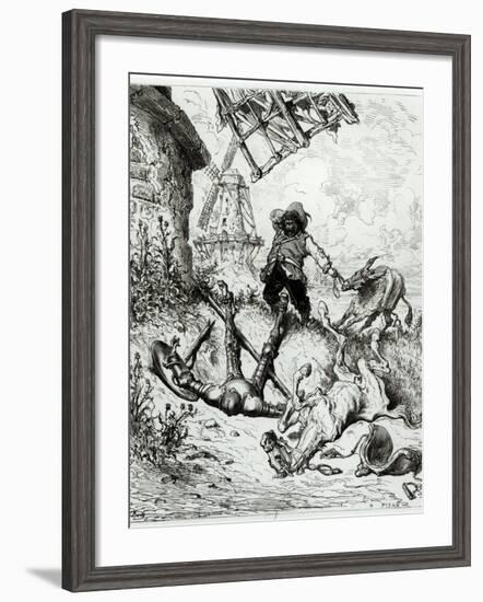 Don Quixote and the Windmills, from Don Quixote de La Mancha by Miguel Cervantes-Gustave Doré-Framed Giclee Print