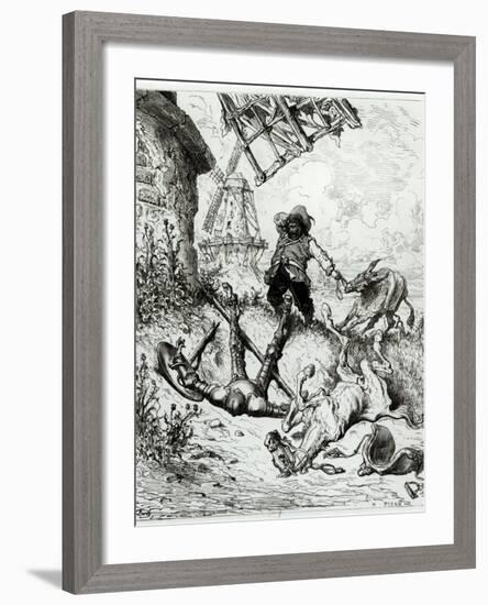 Don Quixote and the Windmills, from Don Quixote de La Mancha by Miguel Cervantes-Gustave Doré-Framed Giclee Print