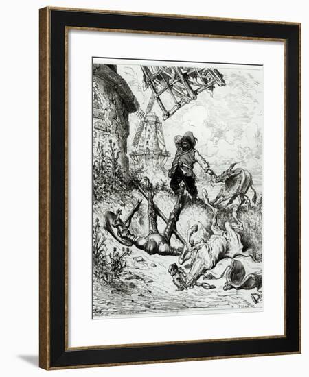 Don Quixote and the Windmills, from Don Quixote de La Mancha by Miguel Cervantes-Gustave Doré-Framed Giclee Print