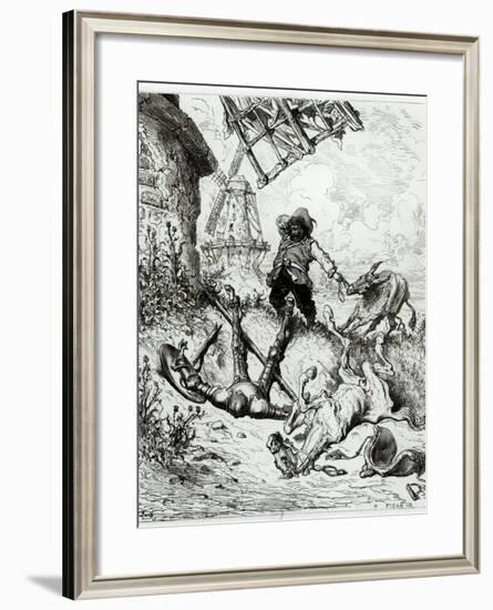 Don Quixote and the Windmills, from Don Quixote de La Mancha by Miguel Cervantes-Gustave Doré-Framed Giclee Print