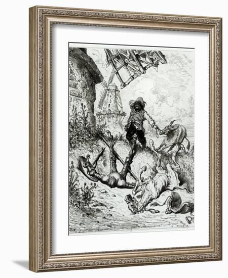 Don Quixote and the Windmills, from Don Quixote de La Mancha by Miguel Cervantes-Gustave Doré-Framed Giclee Print