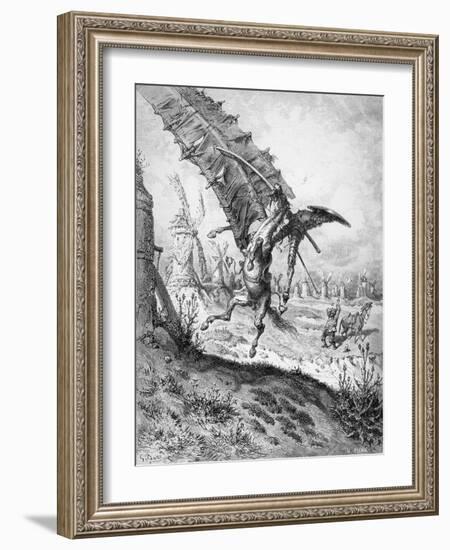 Don Quixote and the Windmills, from 'Don Quixote de la Mancha' by Miguel Cervantes-Gustave Doré-Framed Giclee Print