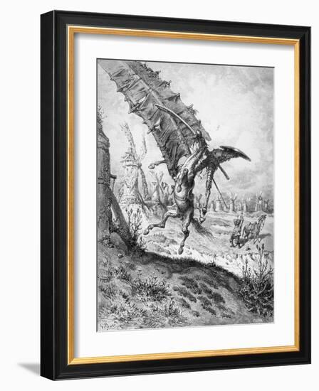 Don Quixote and the Windmills, from 'Don Quixote de la Mancha' by Miguel Cervantes-Gustave Doré-Framed Giclee Print