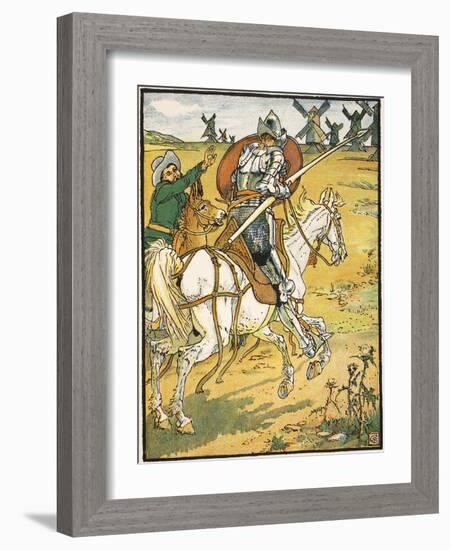 Don Quixote and the Windmills, Illustration from 'Don Quixote of the Mancha' Retold by Judge Parry-Walter Crane-Framed Giclee Print