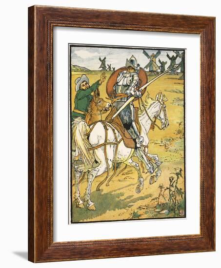 Don Quixote and the Windmills, Illustration from 'Don Quixote of the Mancha' Retold by Judge Parry-Walter Crane-Framed Giclee Print