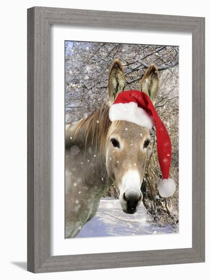 Donkey Wearing Christmas Hat in Snowy Scene-null-Framed Photographic Print