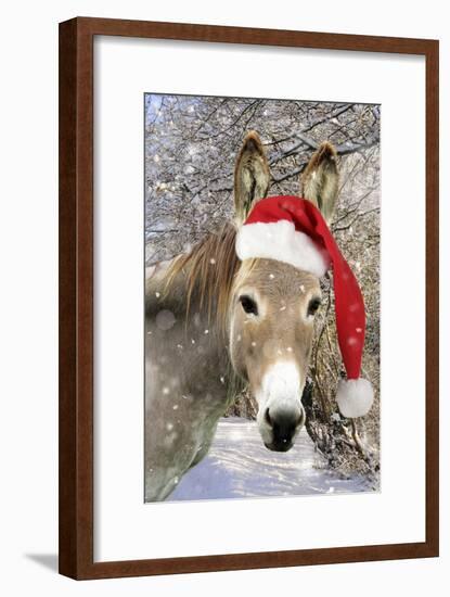 Donkey Wearing Christmas Hat in Snowy Scene-null-Framed Photographic Print