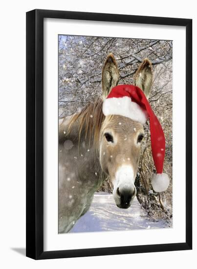 Donkey Wearing Christmas Hat in Snowy Scene-null-Framed Photographic Print