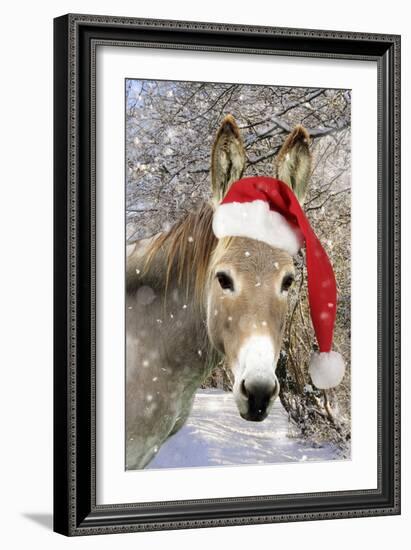 Donkey Wearing Christmas Hat in Snowy Scene-null-Framed Photographic Print