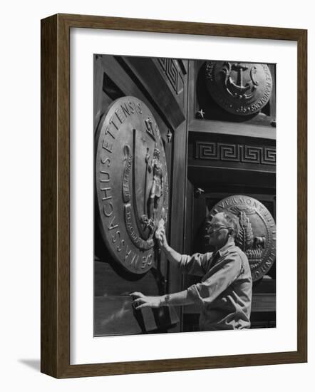 Door of Federal Reserve Bank with Seals of the 6 New England States-Allan Grant-Framed Photographic Print
