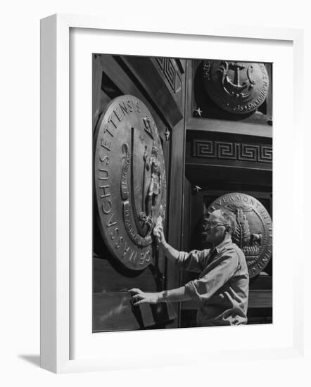 Door of Federal Reserve Bank with Seals of the 6 New England States-Allan Grant-Framed Photographic Print