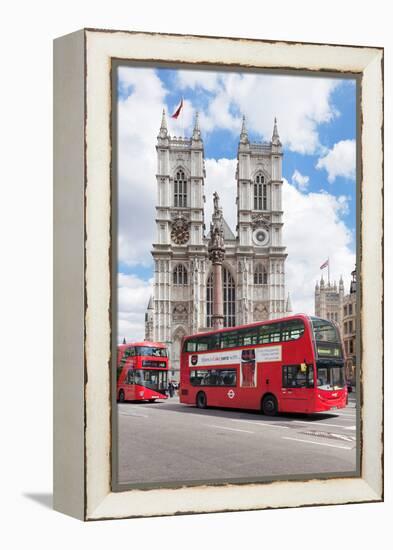 Double-Decker Buses Passing by a Cathedral, Westminster Abbey, City of Westminster, London, England-null-Framed Stretched Canvas