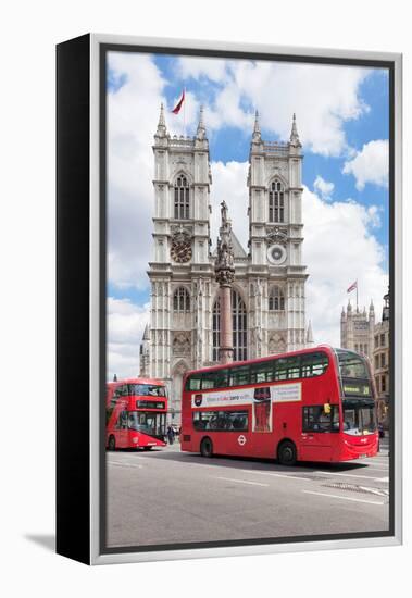 Double-Decker Buses Passing by a Cathedral, Westminster Abbey, City of Westminster, London, England-null-Framed Stretched Canvas